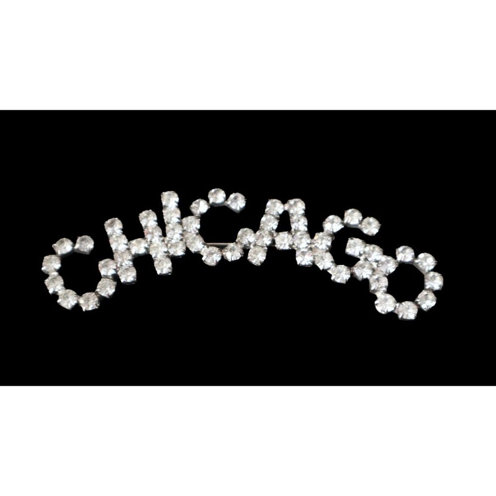 Clear Rhinestone Silver Tone CHICAGO Brooch Pin Unsigned Sparkly Vintage